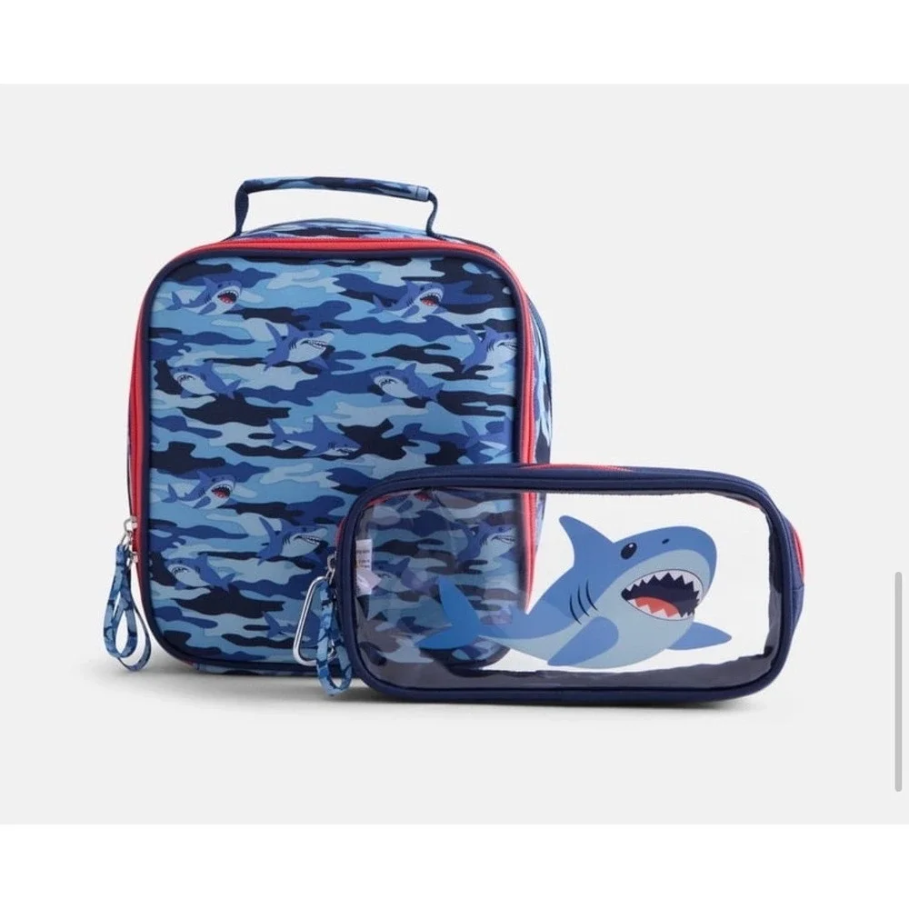 Cat & Jack Shark 4 Piece Backpack Set Blue Camo Lunch Bag Pencil Pouch Keychain